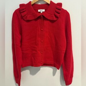 Red Ruffle Collar Cardigan Sweater Button Front Feminine Chic Peter Pan Sz Small